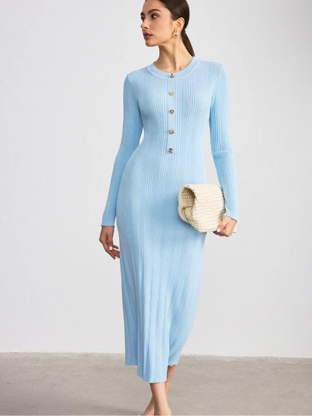 NWT Commense Light Blue Ribbed Long Sleeve Button-Front Maxi Dress MSRP $59